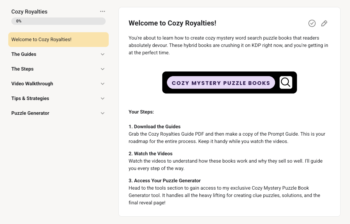 Cozy Royalties course interface, showing the welcome page and section navigation