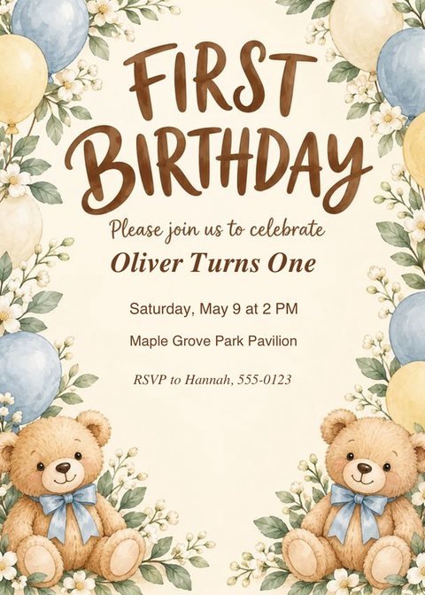The finished invitation with the buyer's details typed in