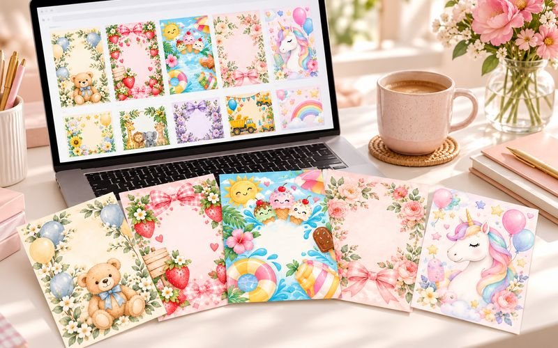 An invitation shop on a laptop with printed invitations
