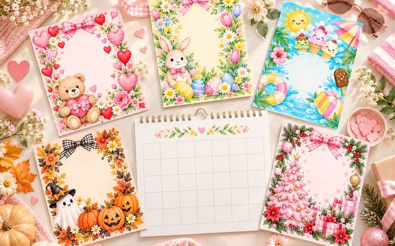 Seasonal party invitations around a calendar