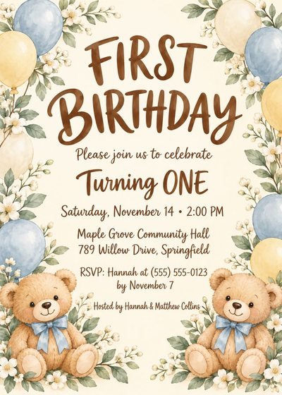 Teddy bear first birthday invitation