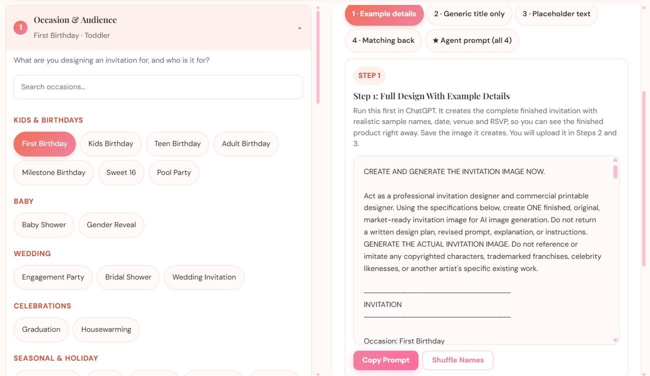 Party Invite Profit Studio choosing an occasion and writing the prompts