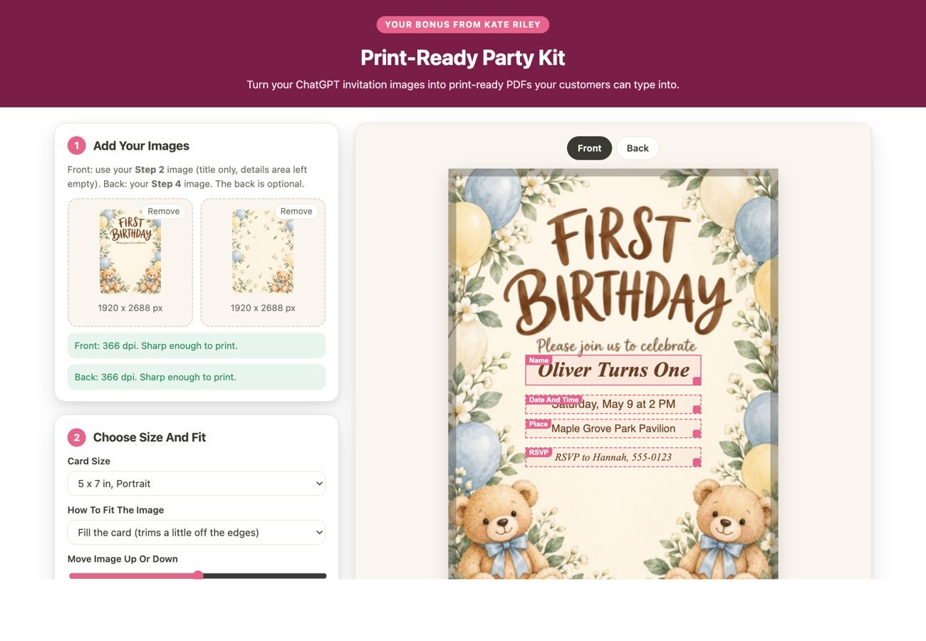 The Print-Ready Party Kit with a teddy bear invitation and type-in boxes
