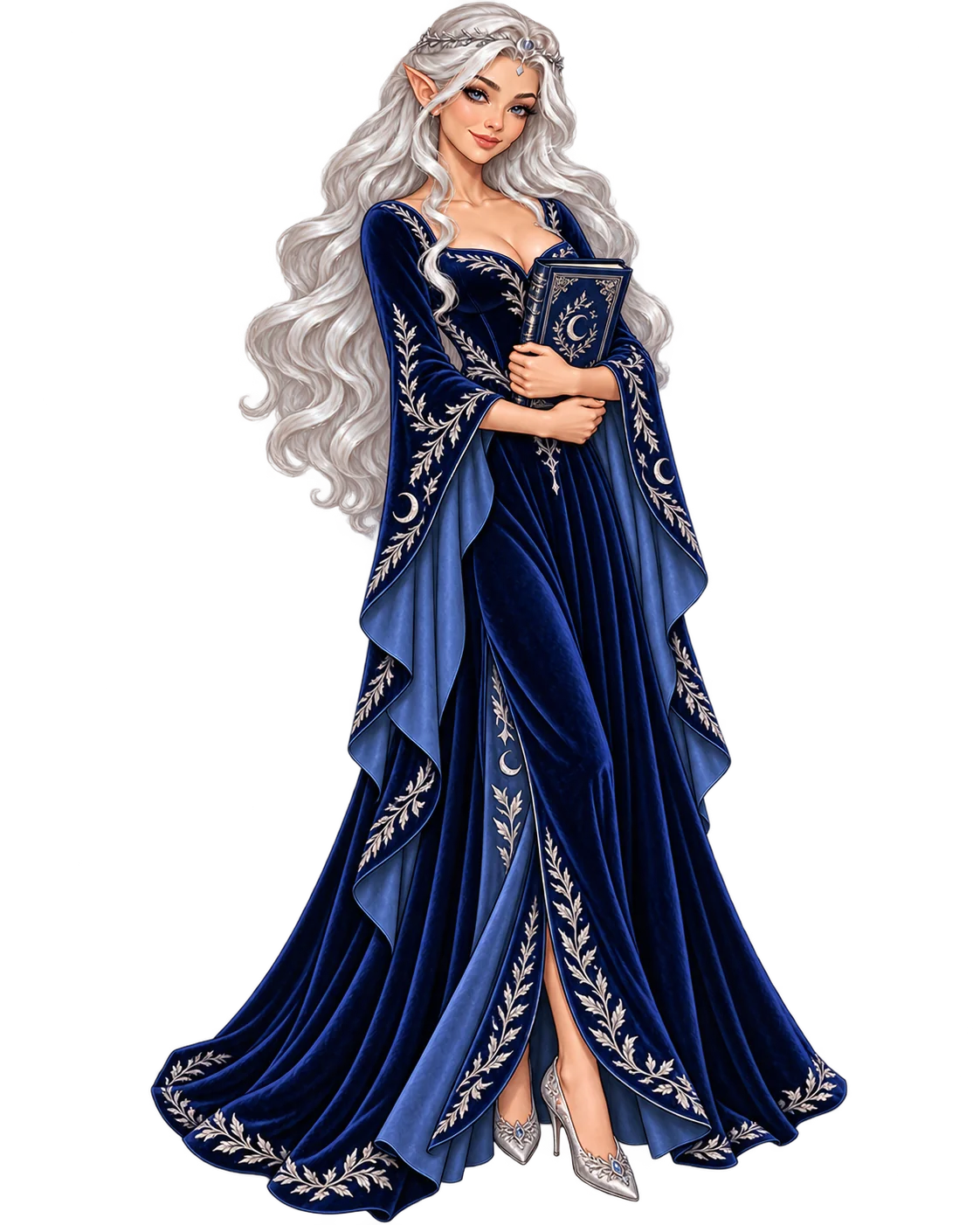Lady Vesper holding a book, shown full length with both feet visible