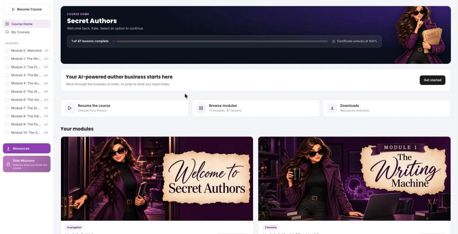 Secret Authors course home with progress bar, certificate goal and Agent K