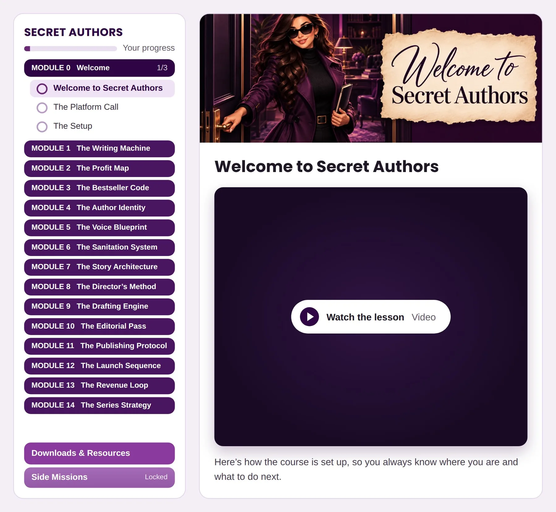 A Secret Authors lesson page with the lesson menu, Welcome artwork and the lesson video